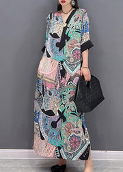 Style V Neck Print Pockets Side Open Chiffon Dresses Half Sleeve