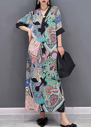 Style V Neck Print Pockets Side Open Chiffon Dresses Half Sleeve