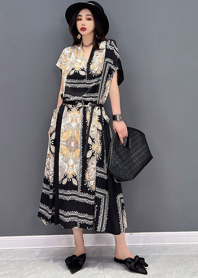 Style V Neck Print Sashes Chiffon Long Dress And Long Cardigans Two Pieces Set Summer