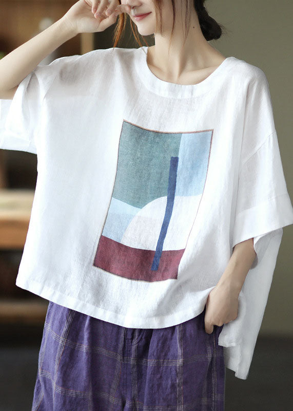 Style White O-Neck Oversized Print Linen Tank Tops Short Sleeve