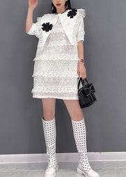 Style White O-Neck Tüll Patchwork Lace Layered Kleider Short Sleeve