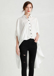 Style White PeterPan Collar Asymmetrical Design Summer Cotton Shirt Top Half Sleeve - SooLinen