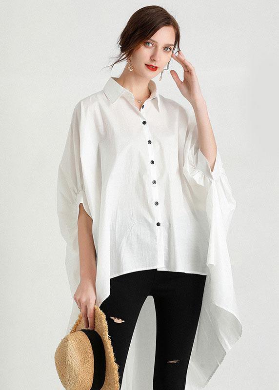 Style White PeterPan Collar Asymmetrical Design Summer Cotton Shirt Top Half Sleeve - SooLinen