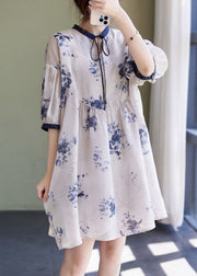 Style White Stand Collar Asymmetrical Wrinkled Print Cotton Linen Party Dress Half Sleeve