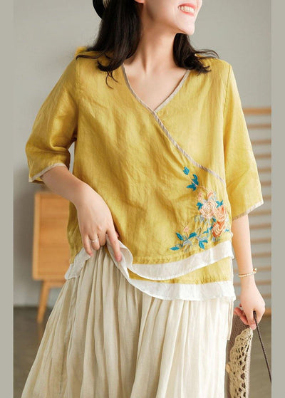 Style Yellow Embroideried Asymmetrical design Ramie Summer Blouses - SooLinen