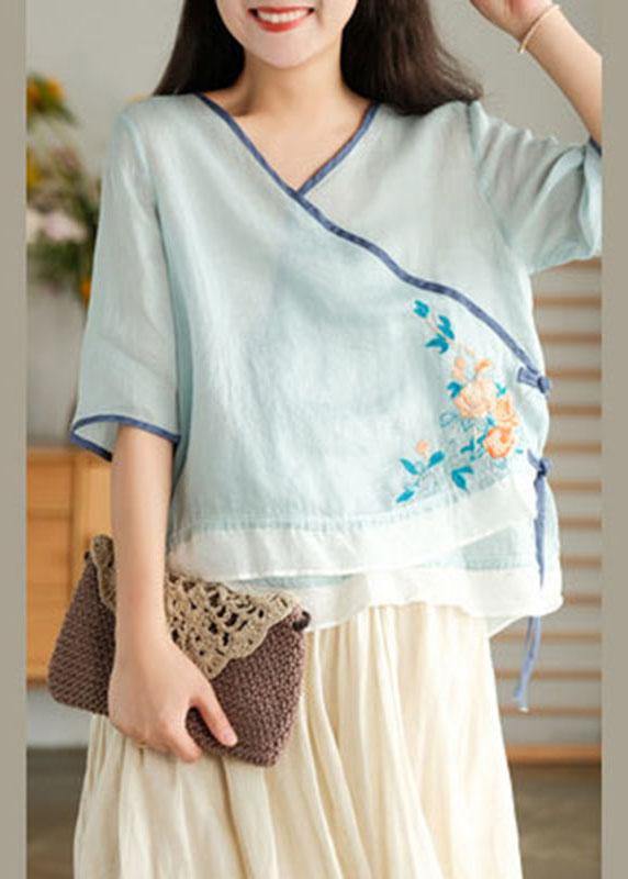 Style Yellow Embroideried Asymmetrical design Ramie Summer Blouses - SooLinen