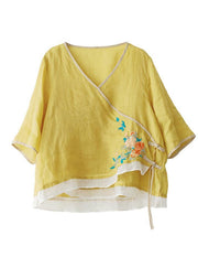 Style Yellow Embroideried Asymmetrical design Ramie Summer Blouses - SooLinen