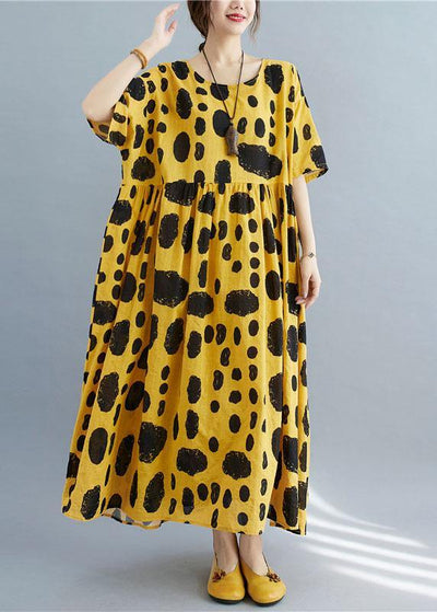 Style Yellow Loose O-Neck Print Summer Cotton Dress Half Sleeve - SooLinen