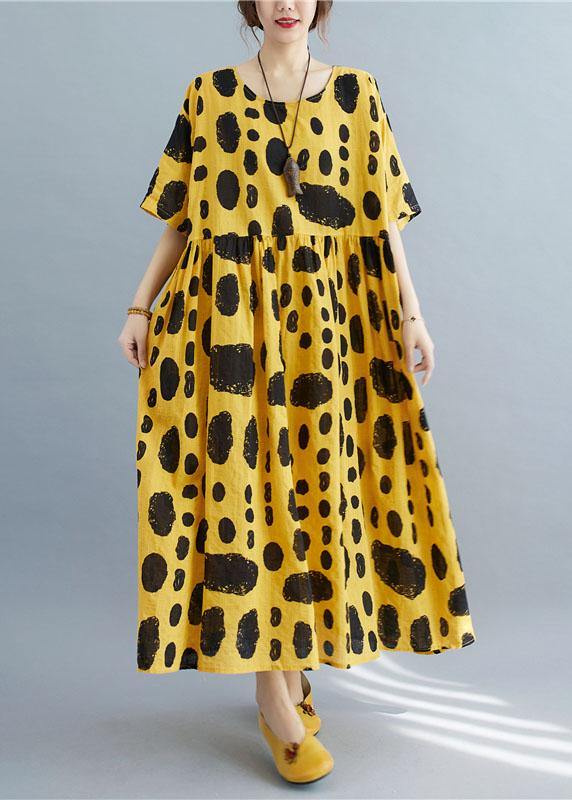 Style Yellow Loose O-Neck Print Summer Cotton Dress Half Sleeve - SooLinen