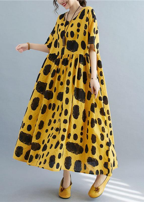 Style Yellow Loose O-Neck Print Summer Cotton Dress Half Sleeve - SooLinen