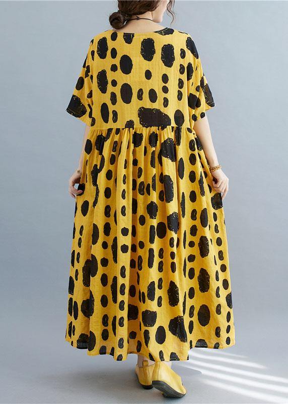 Style Yellow Loose O-Neck Print Summer Cotton Dress Half Sleeve - SooLinen