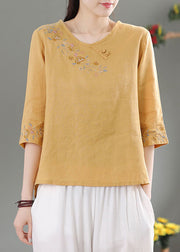 Style Yellow O-Neck Embroideried Linen Top Three Quarter sleeve