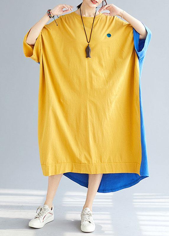 Style Yellow Patchwork Blue Summer Holiday Dress Half Sleeve - SooLinen