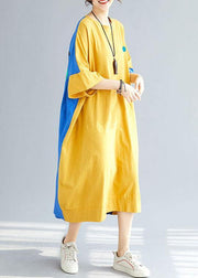 Style Yellow Patchwork Blue Summer Holiday Dress Half Sleeve - SooLinen