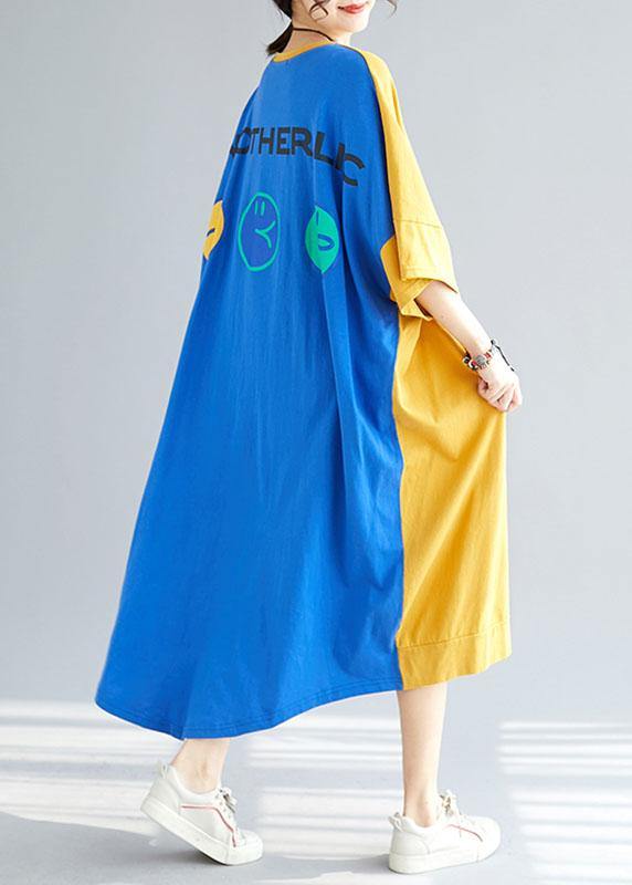 Style Yellow Patchwork Blue Summer Holiday Dress Half Sleeve - SooLinen