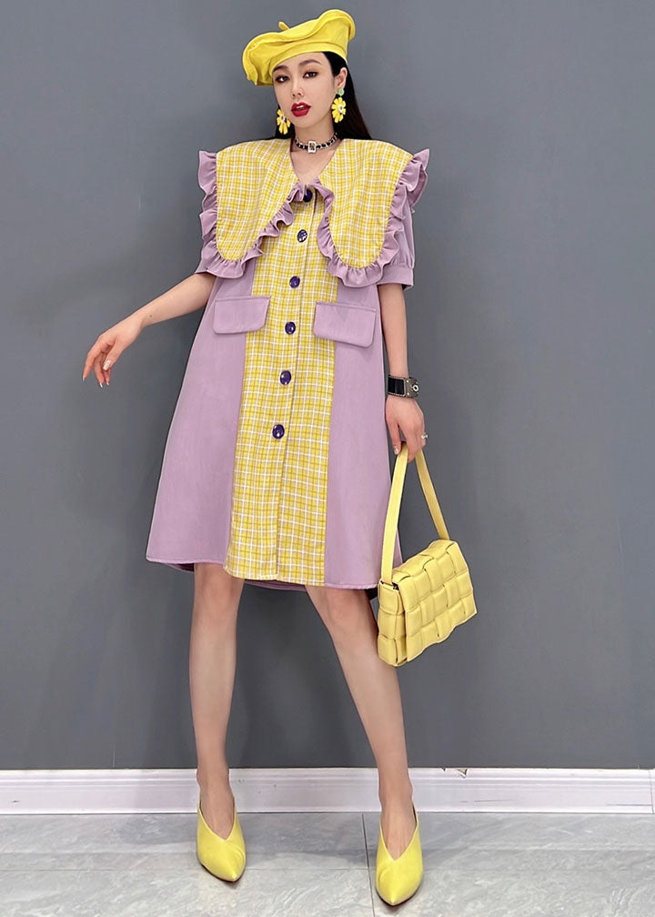 Style Yellow Peter Pan Collar Ruffles Patchwork Plaid Chiffon Vacation Dress Short Sleeve