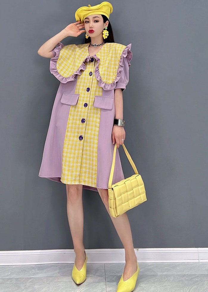 Style Yellow Peter Pan Collar Ruffles Patchwork Plaid Chiffon Vacation Dress Short Sleeve