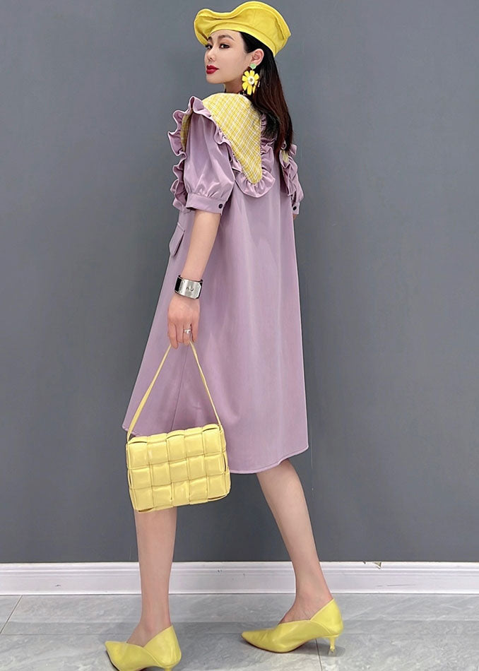 Style Yellow Peter Pan Collar Ruffles Patchwork Plaid Chiffon Vacation Dress Short Sleeve