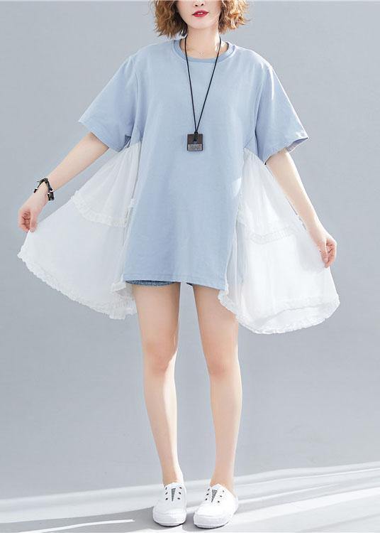 Style asymmetric hem cotton clothes For Women Photography blue patchwork shirt summer - SooLinen