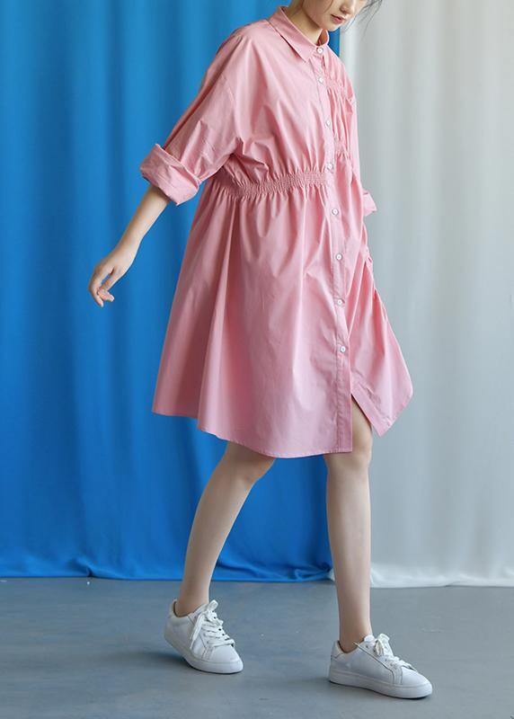 Style asymmetric Cinched Cotton quilting clothes Work Outfits pink Dress fall - SooLinen