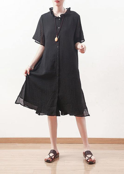 Style black Chiffon Shirts ruffles collar Knee summer Dresses - SooLinen