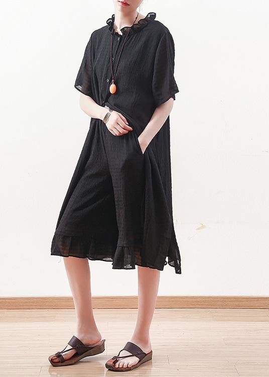 Style black Chiffon Shirts ruffles collar Knee summer Dresses - SooLinen