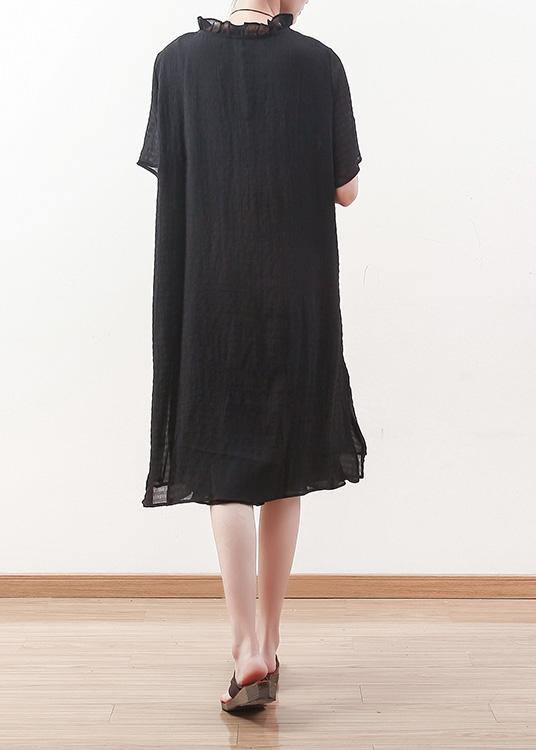 Style black Chiffon Shirts ruffles collar Knee summer Dresses - SooLinen