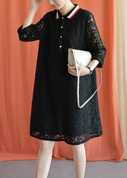 Style black Cotton clothes lapel lace Plus Size fall Dress - SooLinen