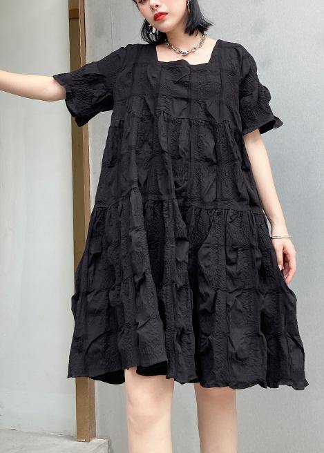 Style black Cotton tunic dress Square Collar Cinched oversized summer Dresses - SooLinen