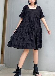 Style black Cotton tunic dress Square Collar Cinched oversized summer Dresses - SooLinen