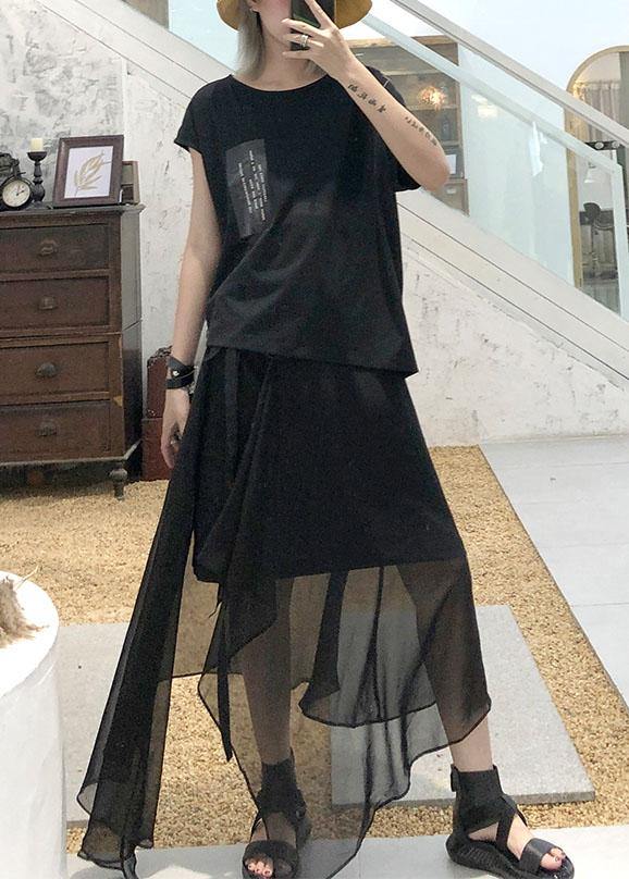 Style black chiffon quilting skirts asymmetric hem Traveling summer skirt - SooLinen