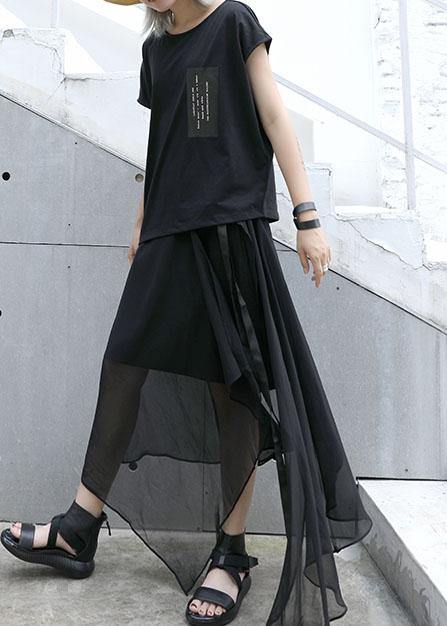 Style black chiffon quilting skirts asymmetric hem Traveling summer skirt - SooLinen