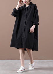 Style black dress lapel side open loose spring Dress - SooLinen