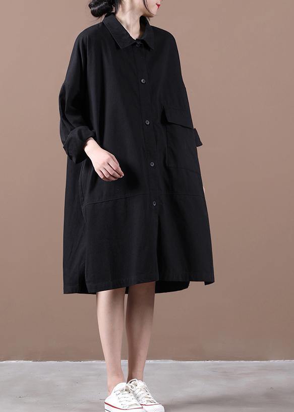 Style black dress lapel side open loose spring Dress - SooLinen