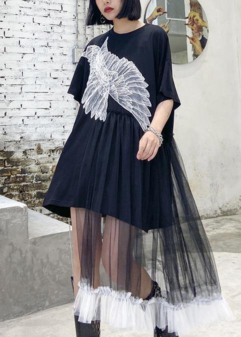 Style black dresses o neck patchwork tulle Midi Dresses - SooLinen