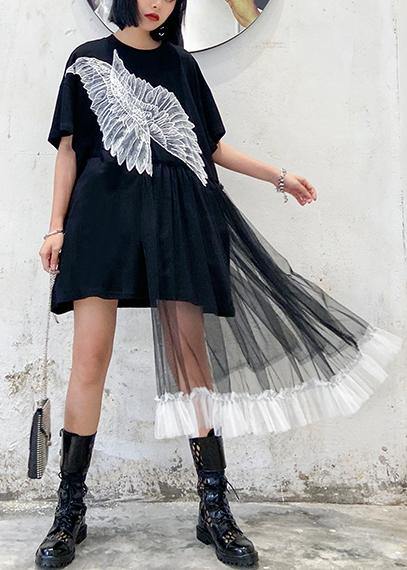 Style black dresses o neck patchwork tulle Midi Dresses - SooLinen