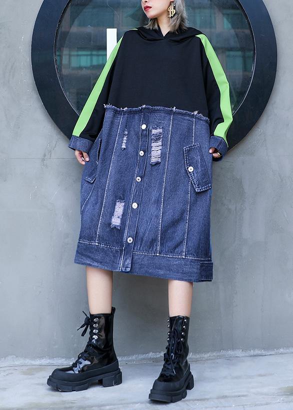 Style black patchwork denim blue outfit hooded Hole shift Dresses - SooLinen