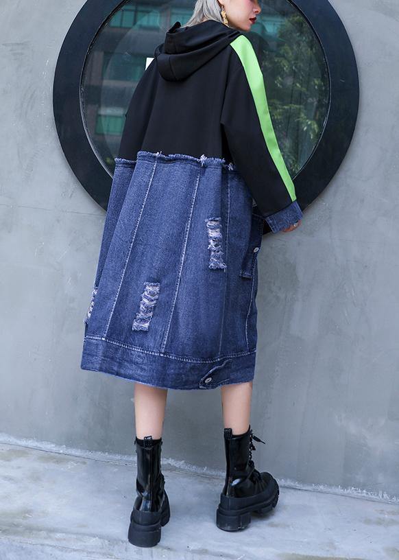 Style black patchwork denim blue outfit hooded Hole shift Dresses - SooLinen