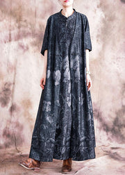 Style black print cotton Tunic stand collar Chinese Button sleeveless Kaftan fall Dress - SooLinen