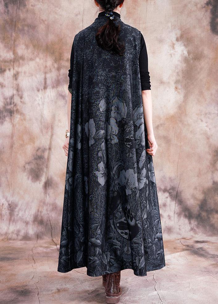 Style black print cotton Tunic stand collar Chinese Button sleeveless Kaftan fall Dress - SooLinen