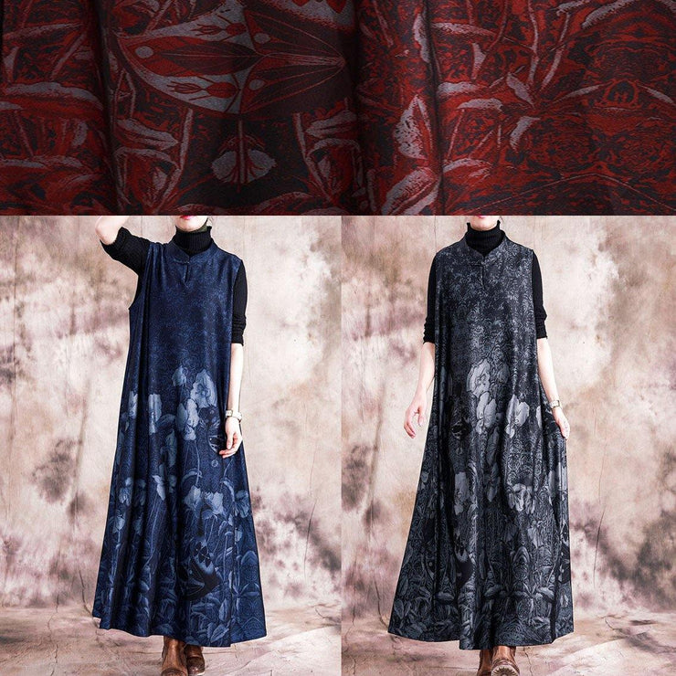 Style black print cotton Tunic stand collar Chinese Button sleeveless Kaftan fall Dress - SooLinen