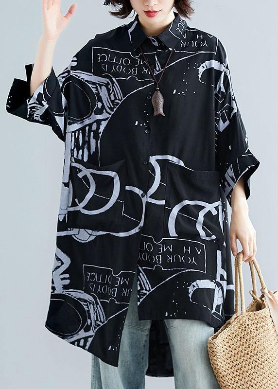 Style black prints cotton clothes For Women lapel collar Dresses summer tops - SooLinen