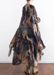 Style blue green print dress o neck asymmetric long Dress - SooLinen