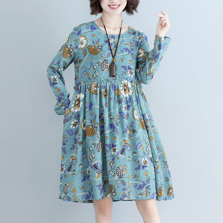 Style blue print cotton linen dress Plus Size Tutorials o neck daily Dress