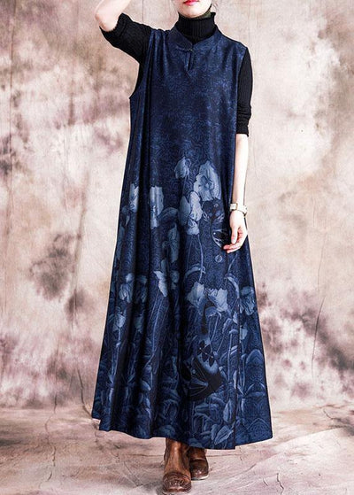 Style blue print cotton quilting dresses stand collar Chinese Button sleeveless Maxi fall Dress - SooLinen