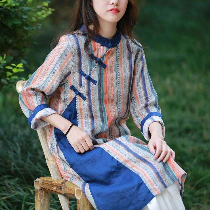 Style blue striped quilting dresses stand collar Chinese Button Art Dress - SooLinen