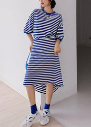 Style blue striped tunic dress o neck side open Plus Size Dresses - SooLinen