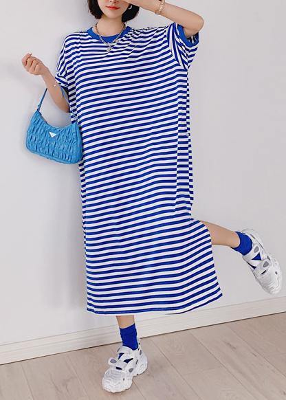 Style blue striped tunic dress o neck side open Plus Size Dresses - SooLinen