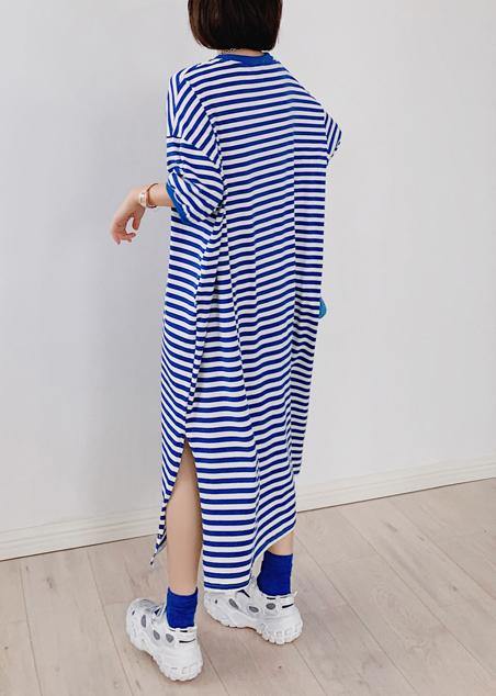 Style blue striped tunic dress o neck side open Plus Size Dresses - SooLinen