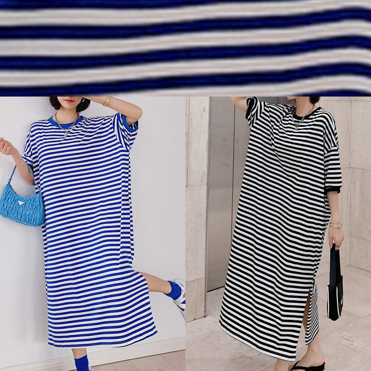 Style blue striped tunic dress o neck side open Plus Size Dresses - SooLinen